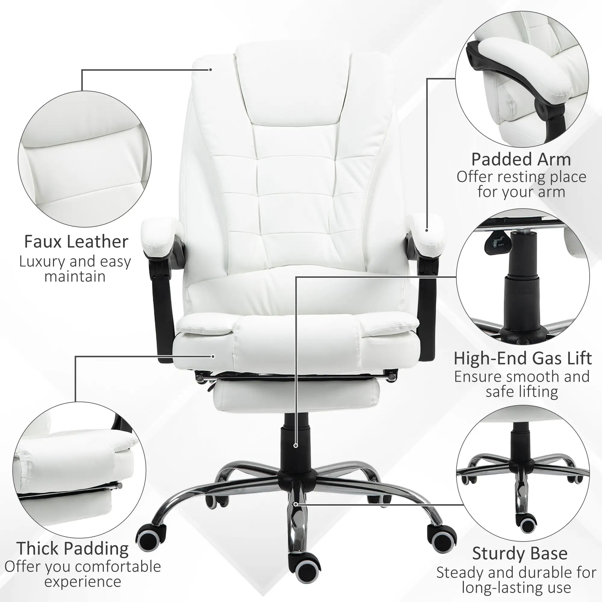 High Back Office Chair, PU Leather, Retractable Footrest, Padded Armrest, White Executive & Manager Chairs at Gallery Canada
