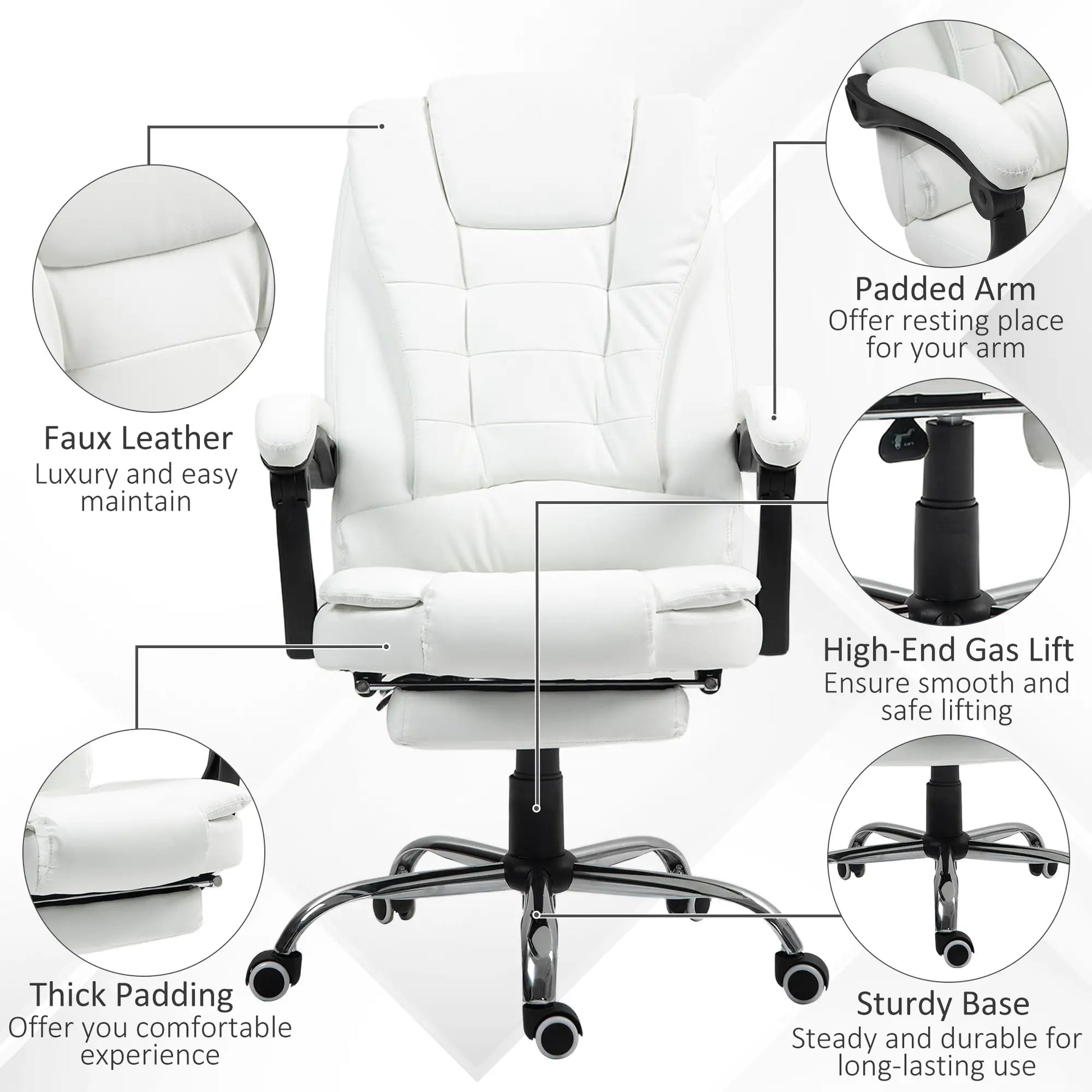 High Back Office Chair, PU Leather, Retractable Footrest, Padded Armrest, White Executive & Manager Chairs at Gallery Canada
