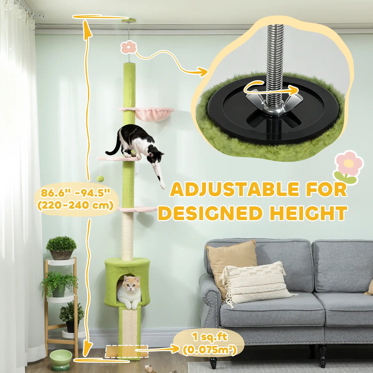 87"-94.5" Cat Tree, Sisal Scratching Post, Condo, Hammock, Ramp, Perches, Green Floor to Ceiling Cat Trees at Gallery Canada