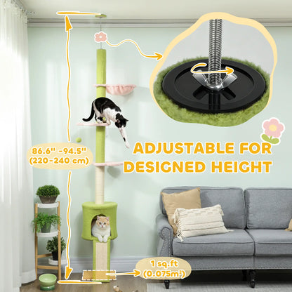 87"-94.5" Cat Tree, Sisal Scratching Post, Condo, Hammock, Ramp, Perches, Green Floor to Ceiling Cat Trees at Gallery Canada