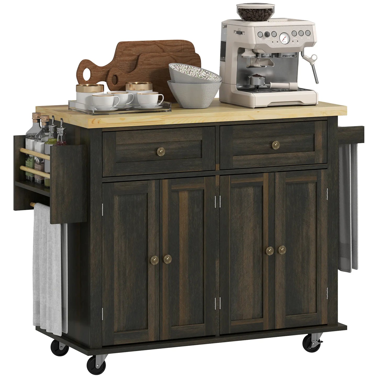 Kitchen Island with Storage, Rolling Cart, Rubber Wood Top, Brown Oak, Brown Kitchen Islands & Kitchen Carts Brown Oak at Gallery Canada