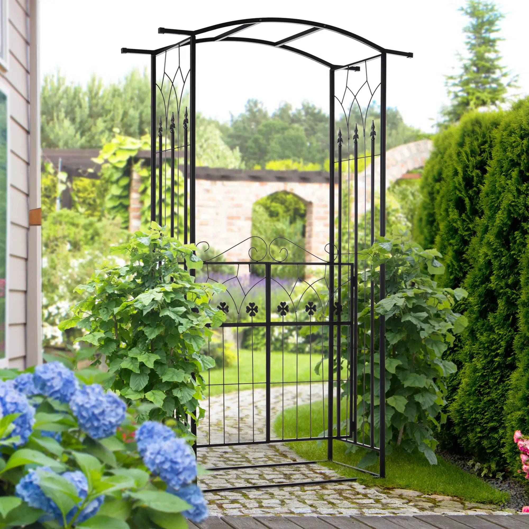 Metal Trellis Garden Arch Arbor, Lucky Leaf Clover Gate, Black Garden Arches at Gallery Canada