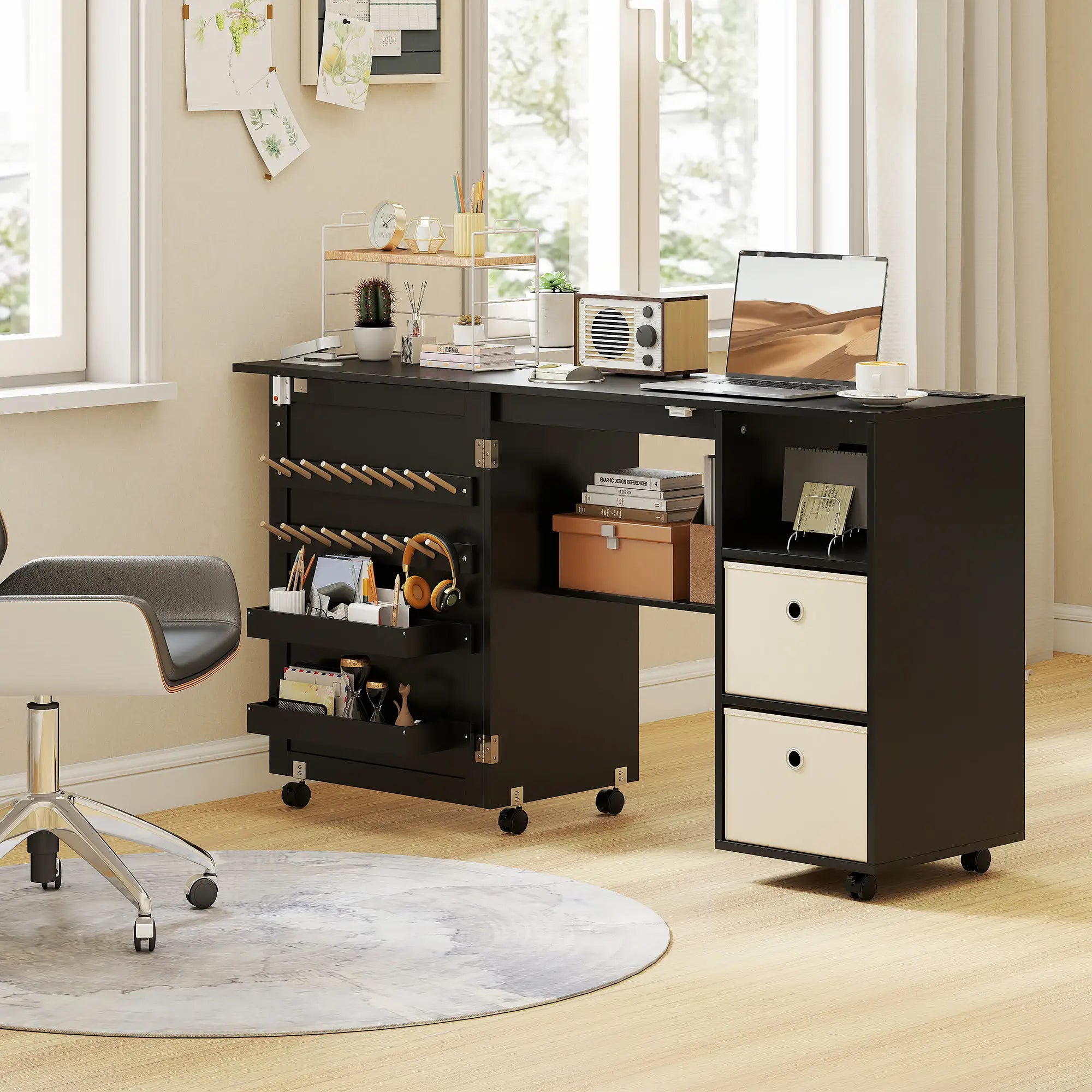 Rolling Sewing Machine Table, Folding Craft Table with Drawers, Bins, Pegs, Black Sewing Cabinets at Gallery Canada