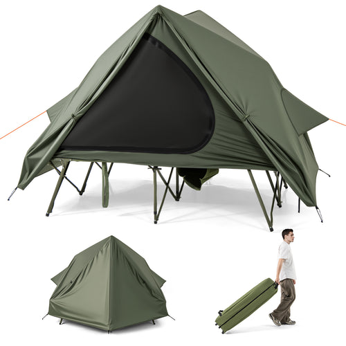 Foldable 2-Person Camping Cot Tent with Pop-up Tent Shelter and Portable Wheeled Bag, Green