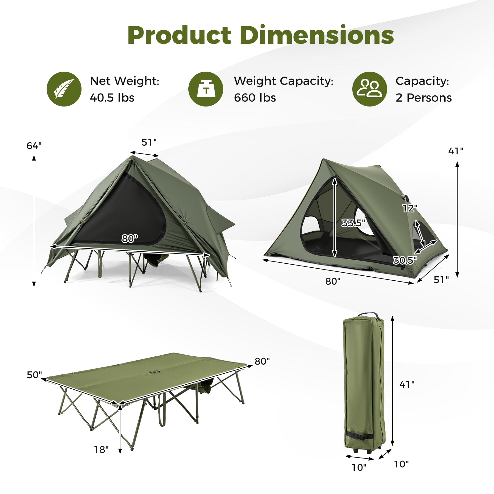 Foldable 2-Person Camping Cot Tent with Pop-up Tent Shelter and Portable Wheeled Bag, Green Tents at Gallery Canada