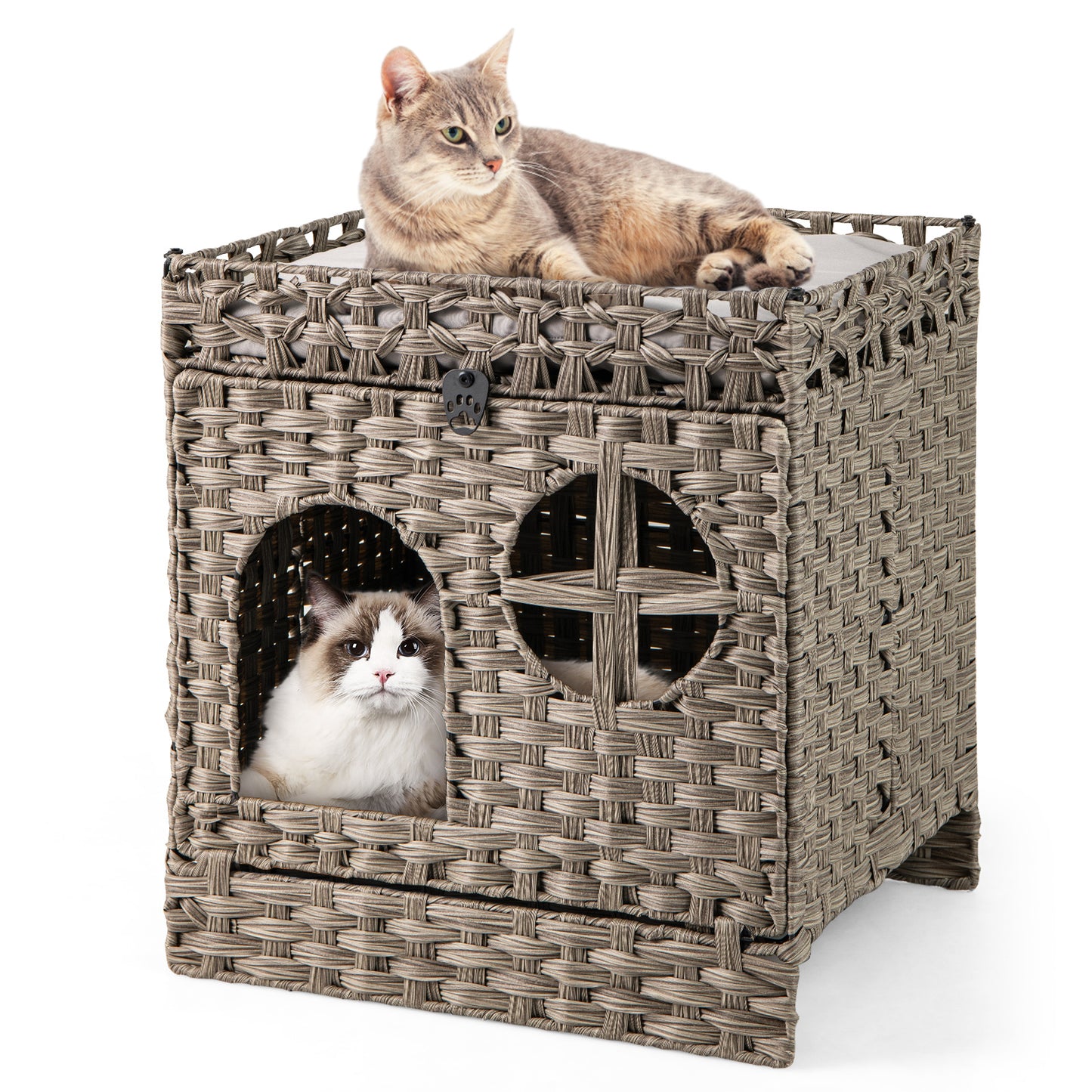Foldable 2-tier Rattan Cat Litter Box Enclosure with Litter Mat-Grey, Gray Cat Houses Gray at Gallery Canada