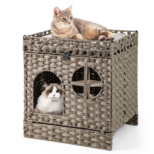 Foldable 2-tier Rattan Cat Litter Box Enclosure with Litter Mat-Grey, Gray Cat Houses Gray at Gallery Canada