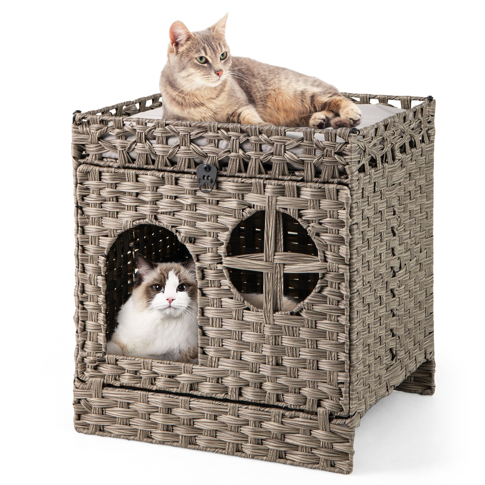 Foldable 2-Tier Rattan Cat Litter Box Enclosure With Mat, Gray Cat Houses Gray at Gallery Canada