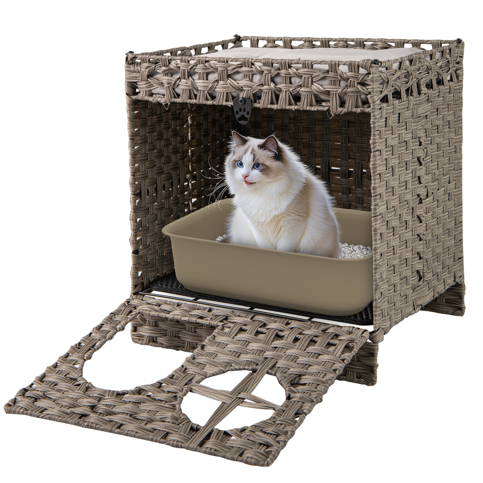Foldable 2-tier Rattan Cat Litter Box Enclosure with Litter Mat-Grey, Gray Cat Houses at Gallery Canada
