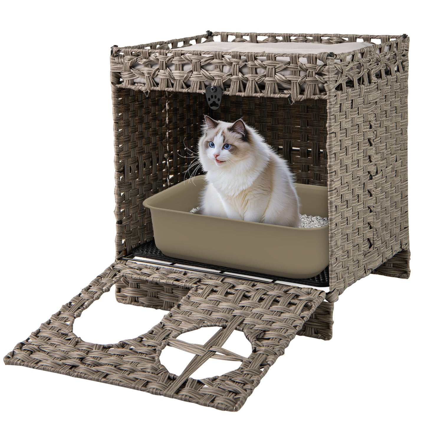 Foldable 2-tier Rattan Cat Litter Box Enclosure with Litter Mat-Grey, Gray Cat Houses at Gallery Canada