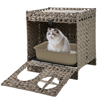 Foldable 2-tier Rattan Cat Litter Box Enclosure with Litter Mat-Grey, Gray Cat Houses at Gallery Canada