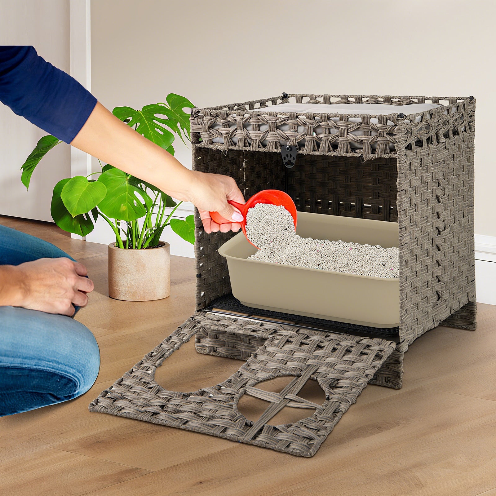 Foldable 2-tier Rattan Cat Litter Box Enclosure with Litter Mat-Grey, Gray Cat Houses at Gallery Canada