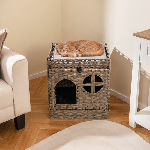 Foldable 2-tier Rattan Cat Litter Box Enclosure with Litter Mat-Grey, Gray