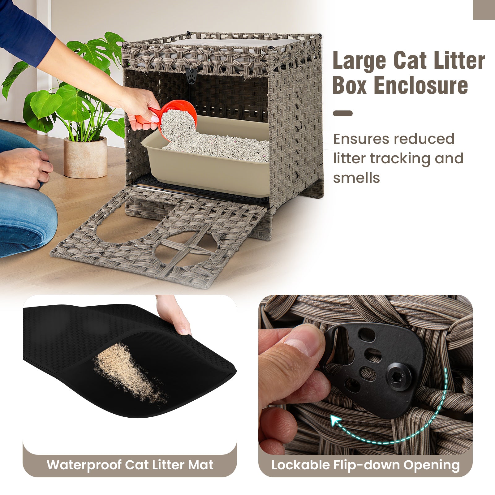 Foldable 2-tier Rattan Cat Litter Box Enclosure with Litter Mat-Grey, Gray Cat Houses at Gallery Canada