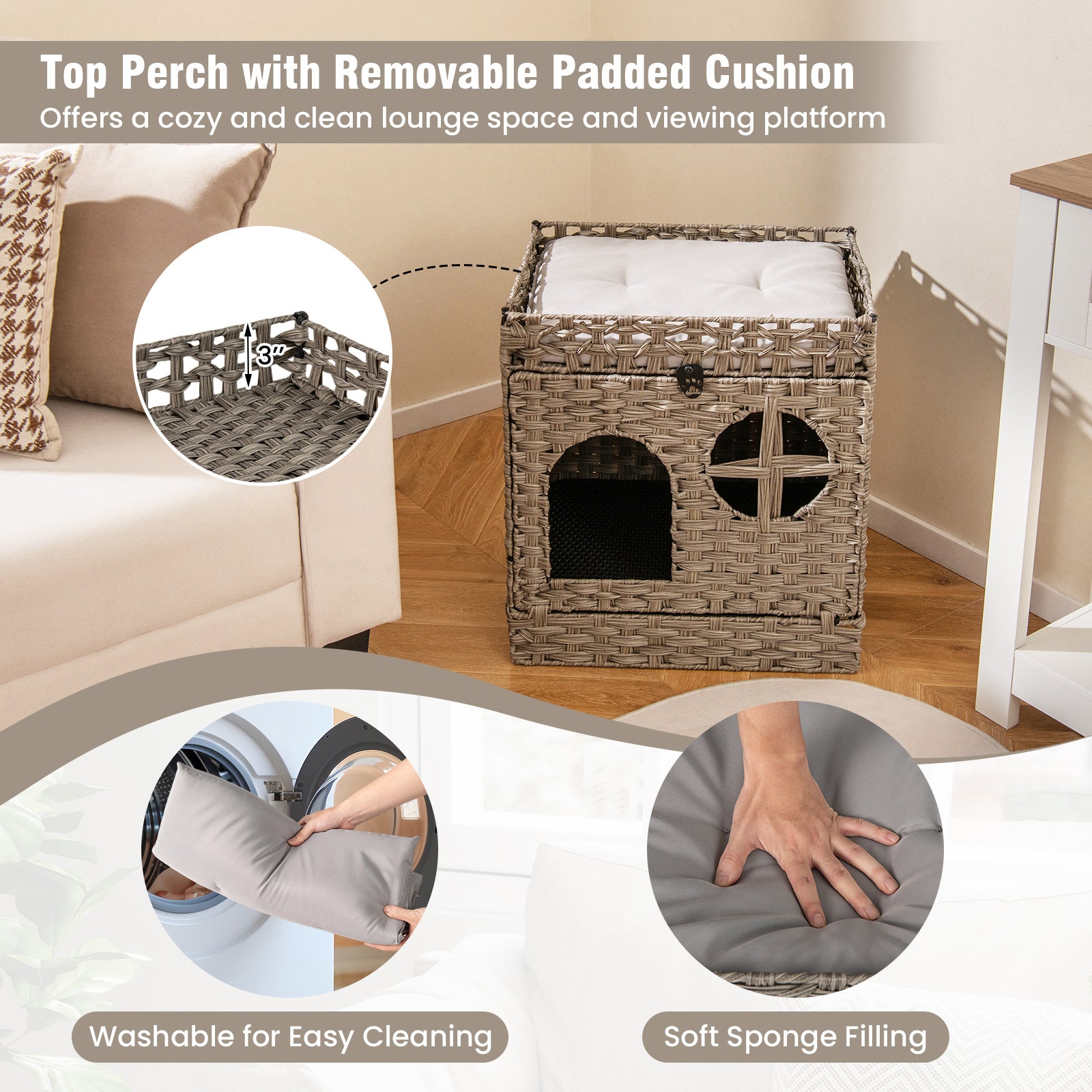 Foldable 2-tier Rattan Cat Litter Box Enclosure with Litter Mat-Grey, Gray Cat Houses at Gallery Canada