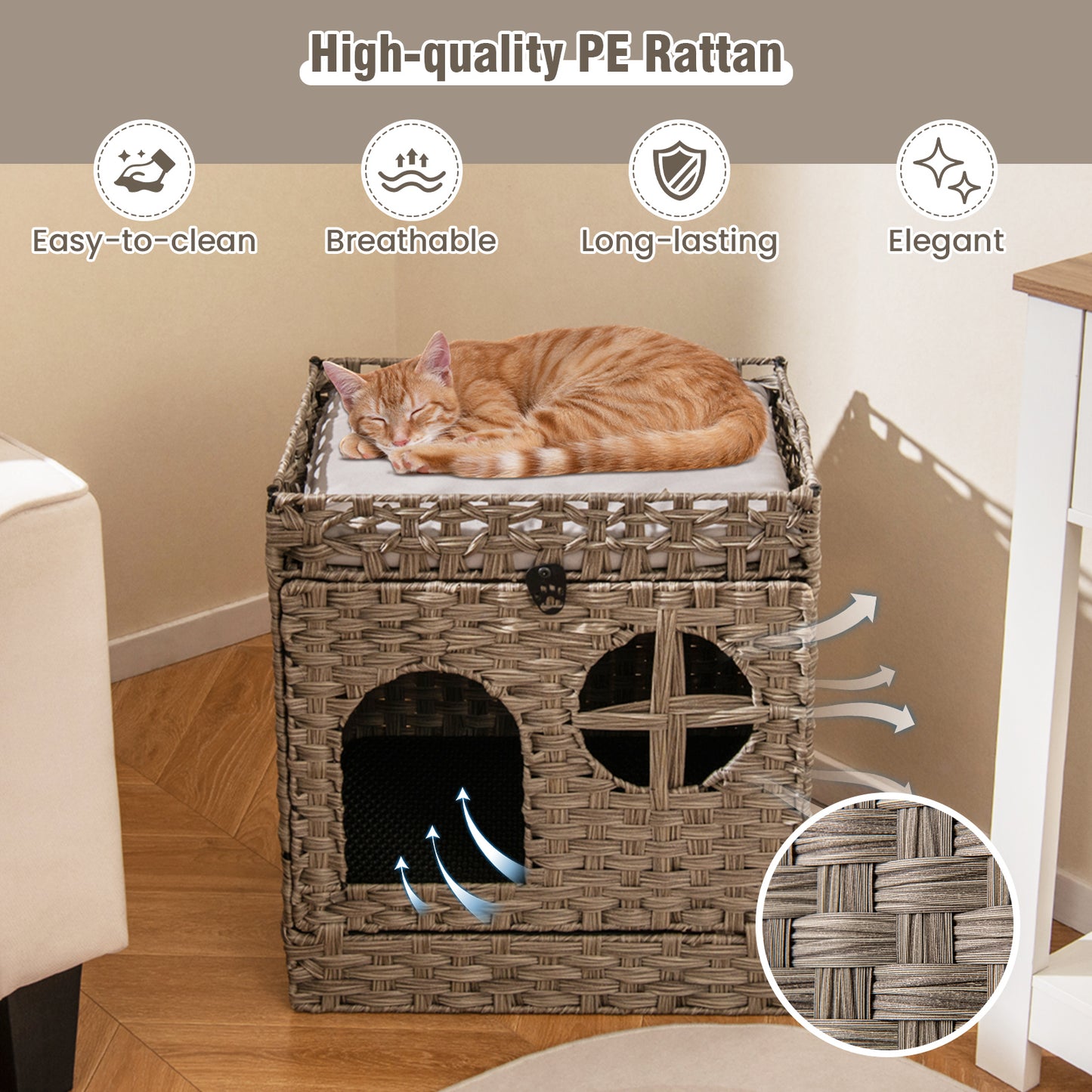 Foldable 2-tier Rattan Cat Litter Box Enclosure with Litter Mat-Grey, Gray Cat Houses at Gallery Canada