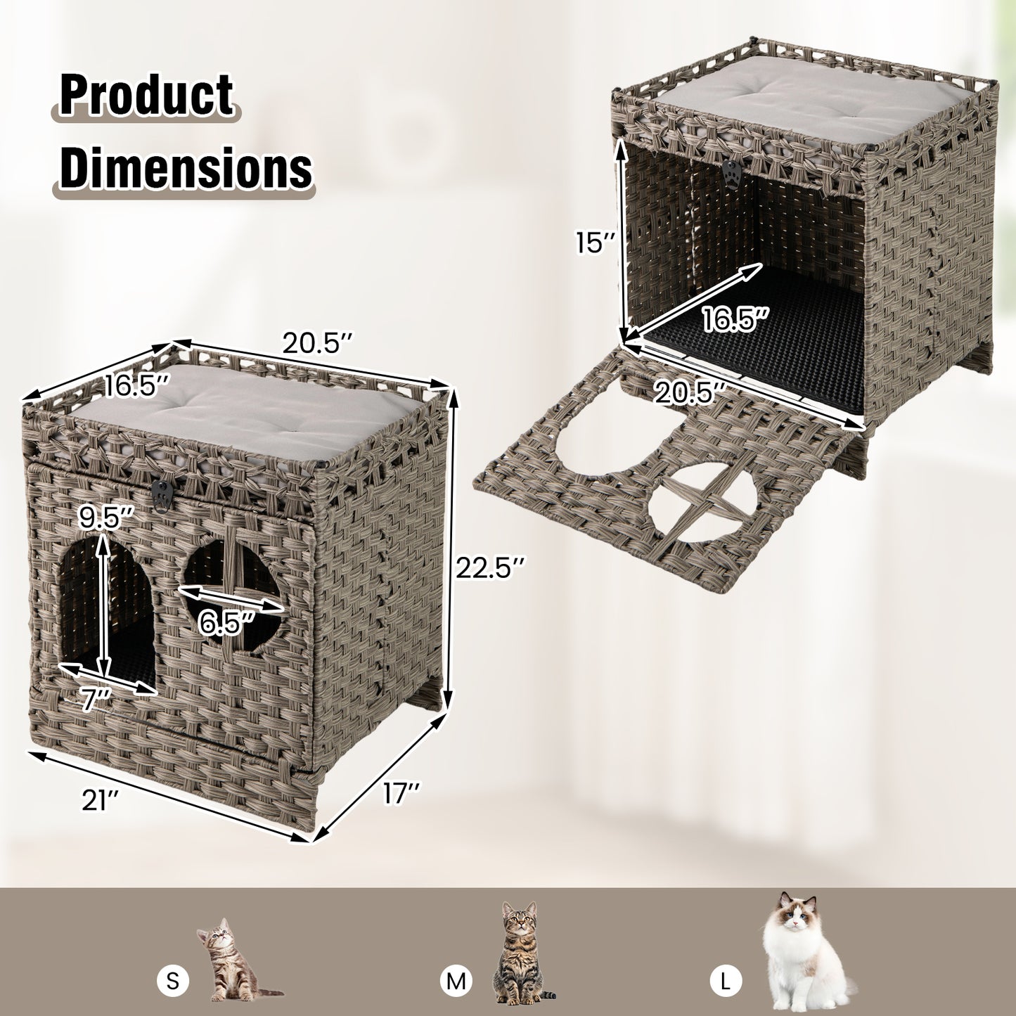 Foldable 2-tier Rattan Cat Litter Box Enclosure with Litter Mat-Grey, Gray Cat Houses at Gallery Canada