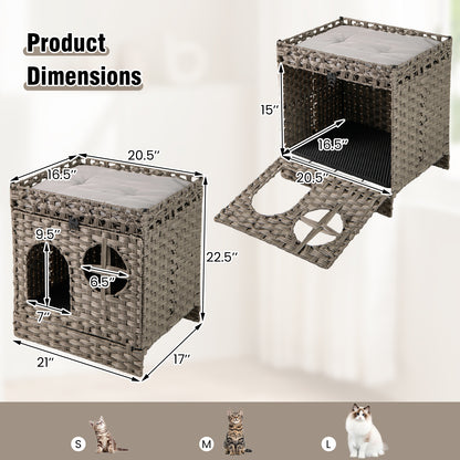 Foldable 2-tier Rattan Cat Litter Box Enclosure with Litter Mat-Grey, Gray Cat Houses at Gallery Canada