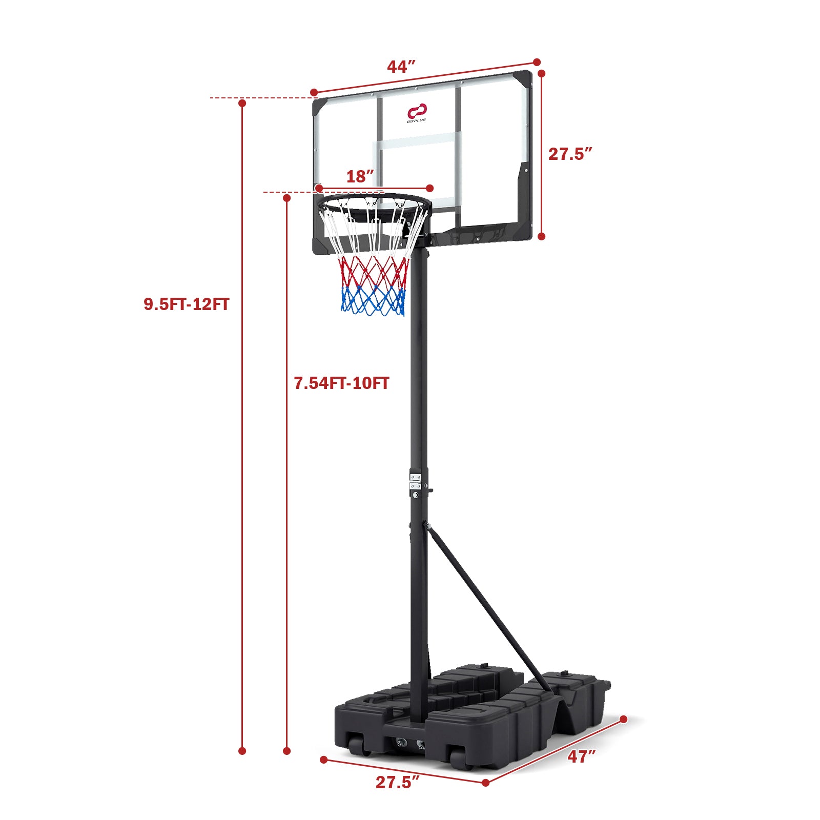 Foldable Basketball Hoop, 7.54-10 Ft Stepless Adjustable, PC Backboard, Black Sport Equipments at Gallery Canada