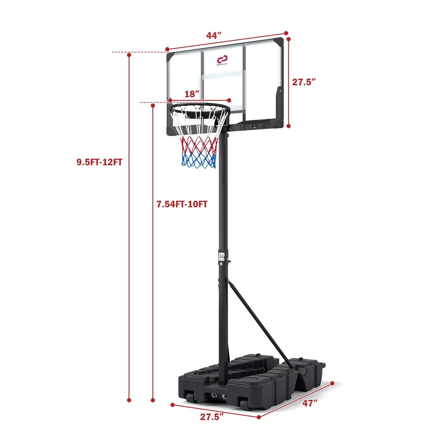 Foldable Basketball Hoop, 7.54-10 Ft Stepless Adjustable, PC Backboard, Black Sport Equipments at Gallery Canada