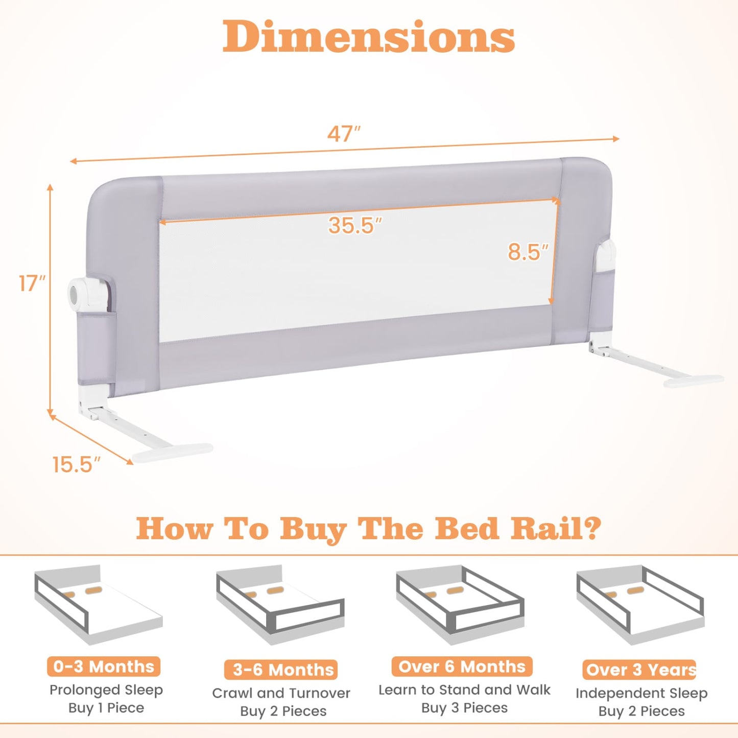 Foldable Bed Rail Baby Bed Guard, Light Gray