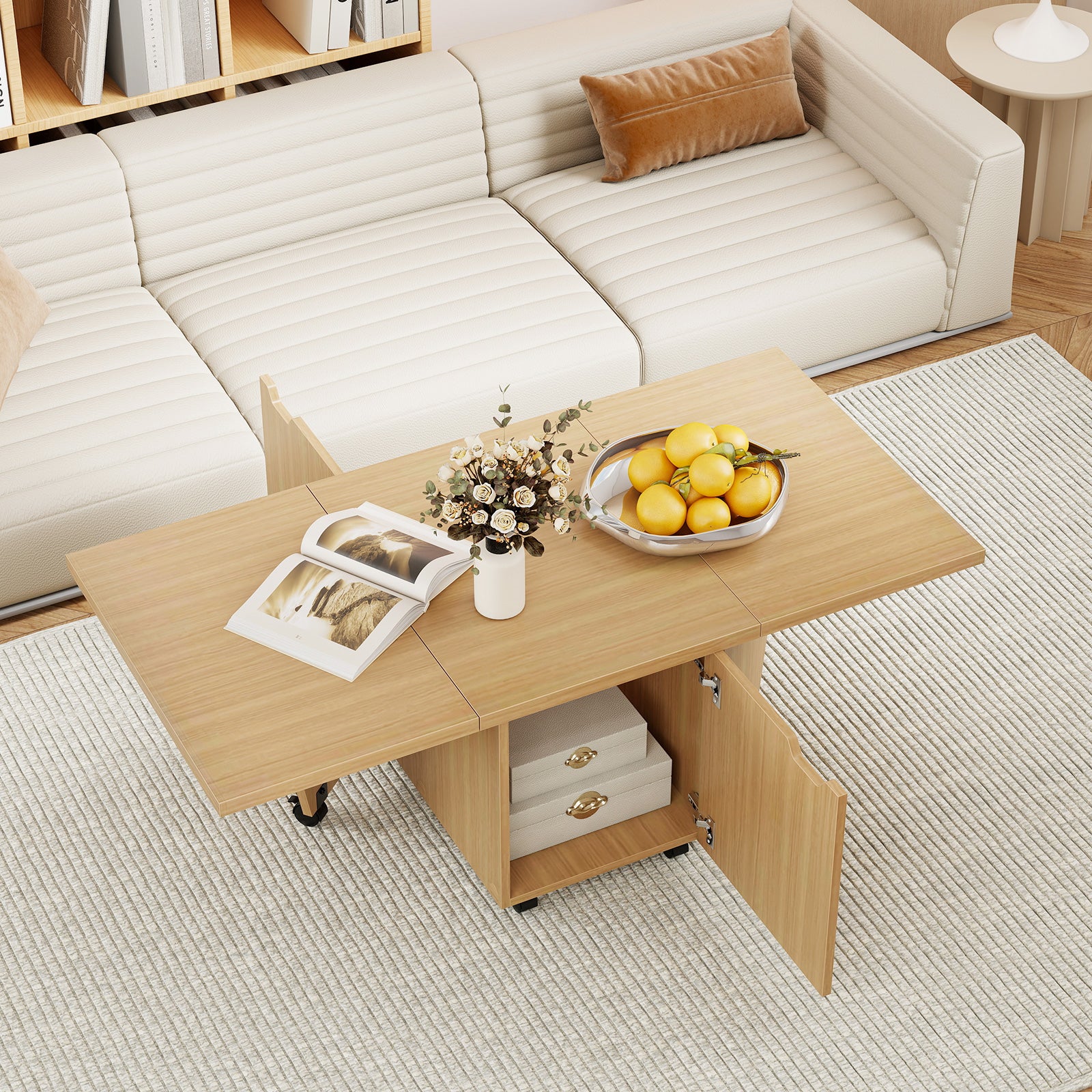 Foldable Coffee Table with Storage Cabinet Extendable Center Table, Oak Coffee Tables at Gallery Canada