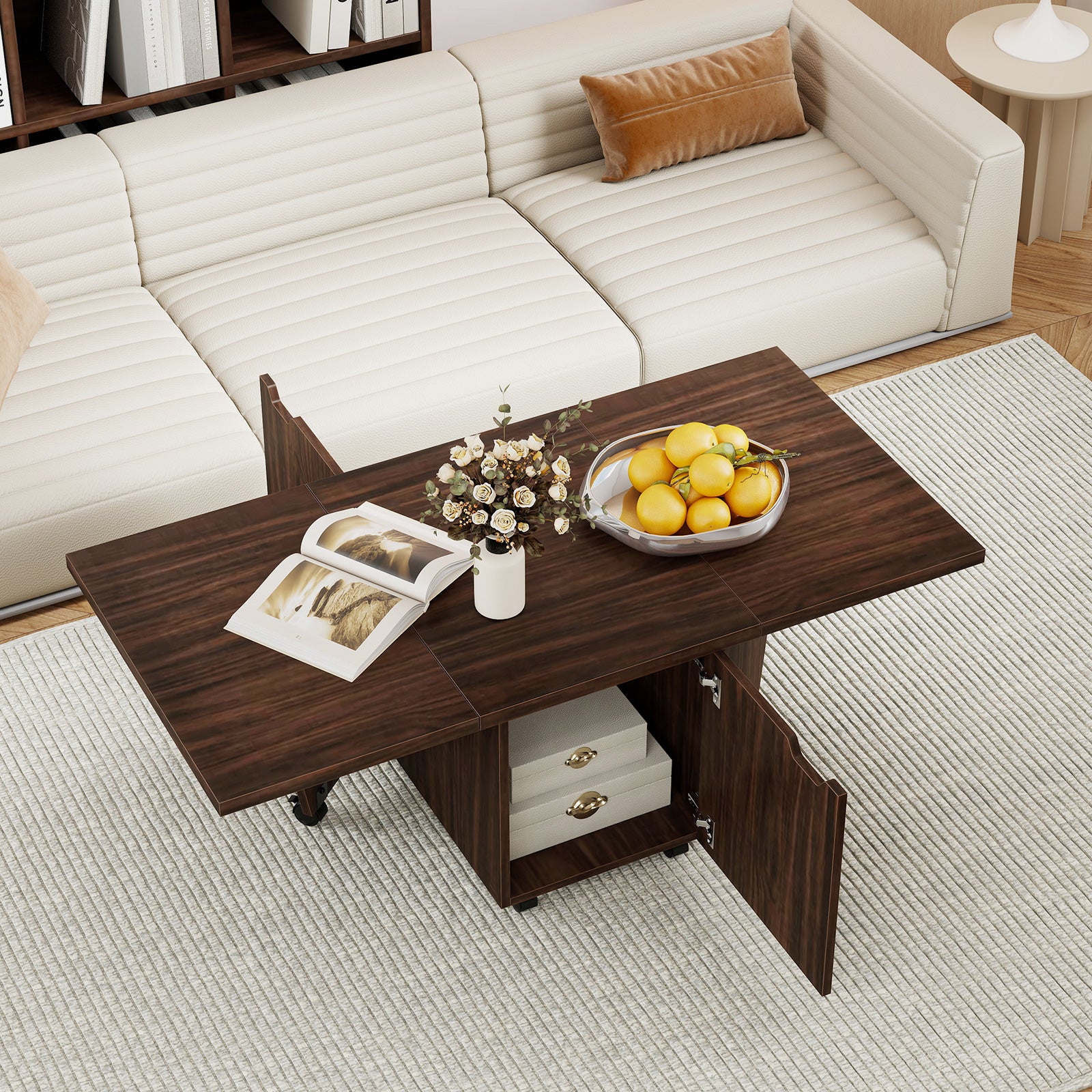 Foldable Coffee Table with Storage Cabinet Extendable Center Table, Walnut Coffee Tables at Gallery Canada