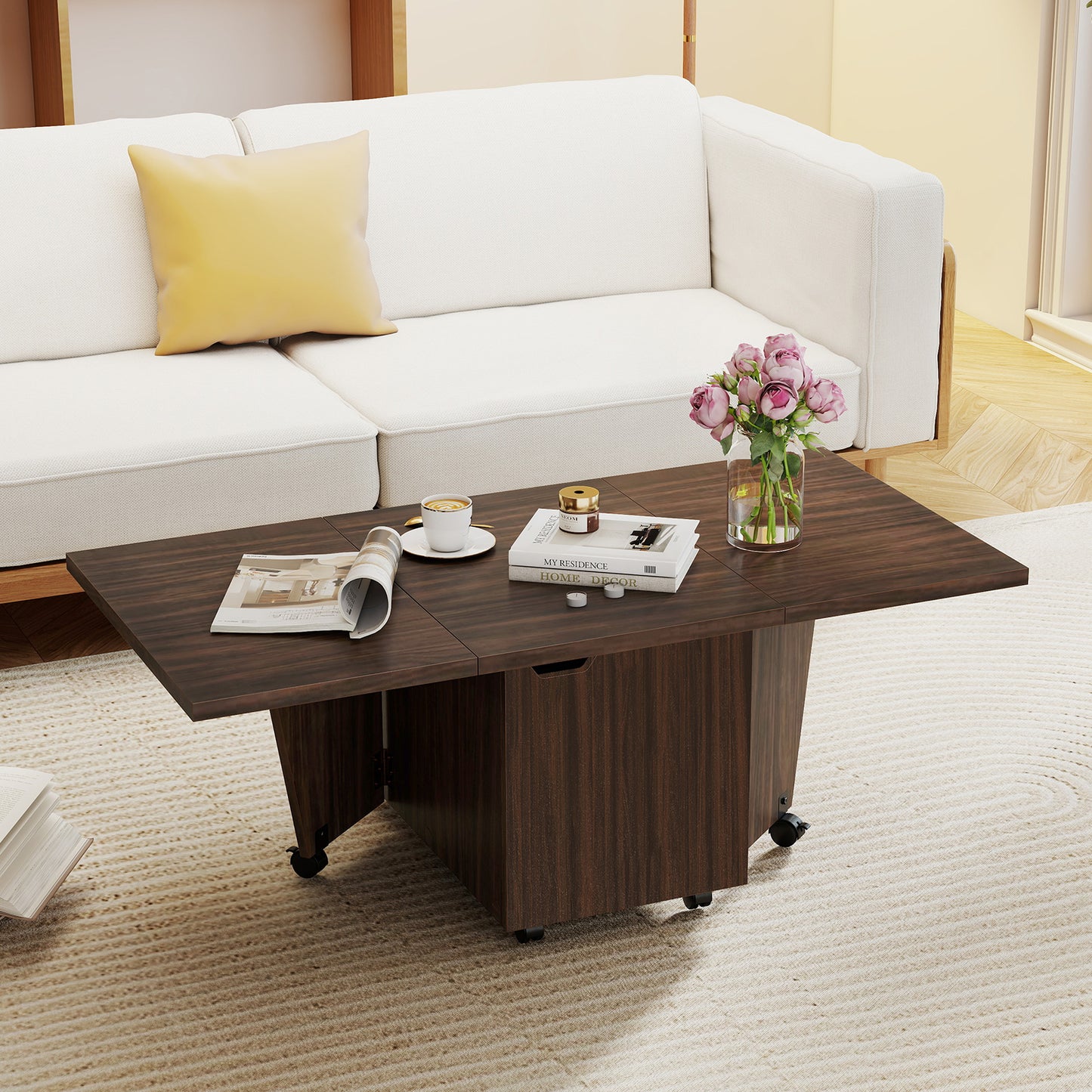 Foldable Coffee Table with Storage Cabinet Extendable Center Table, Walnut Coffee Tables at Gallery Canada