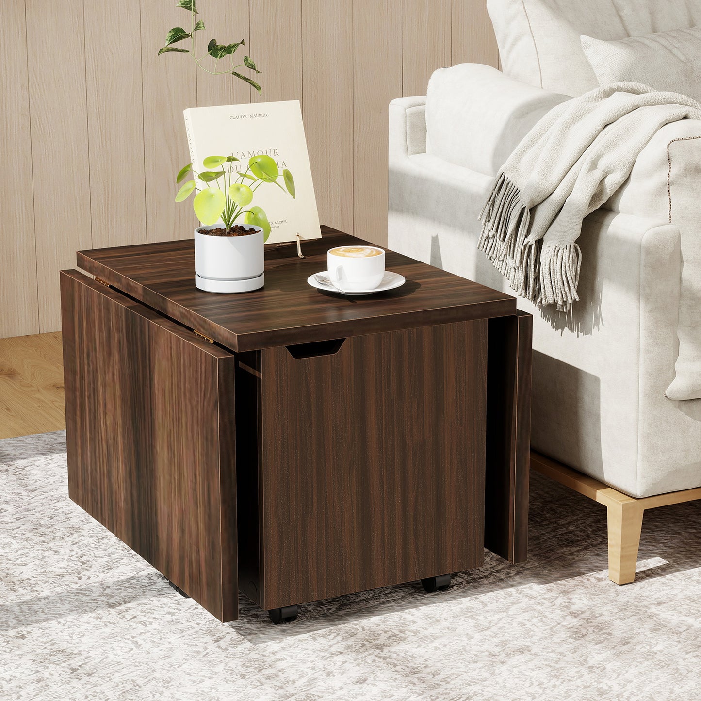 Foldable Coffee Table with Storage Cabinet Extendable Center Table, Walnut Coffee Tables at Gallery Canada