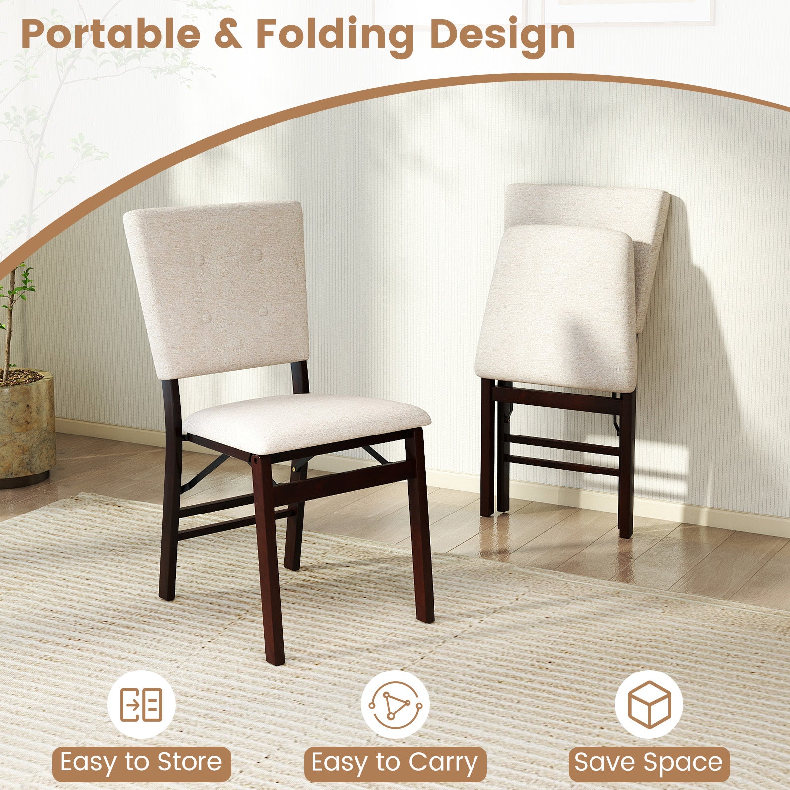 Foldable Dining Chair Set Of 4, Armless, Padded Seat, Tilt Backrest, Beige Dining Chairs at Gallery Canada