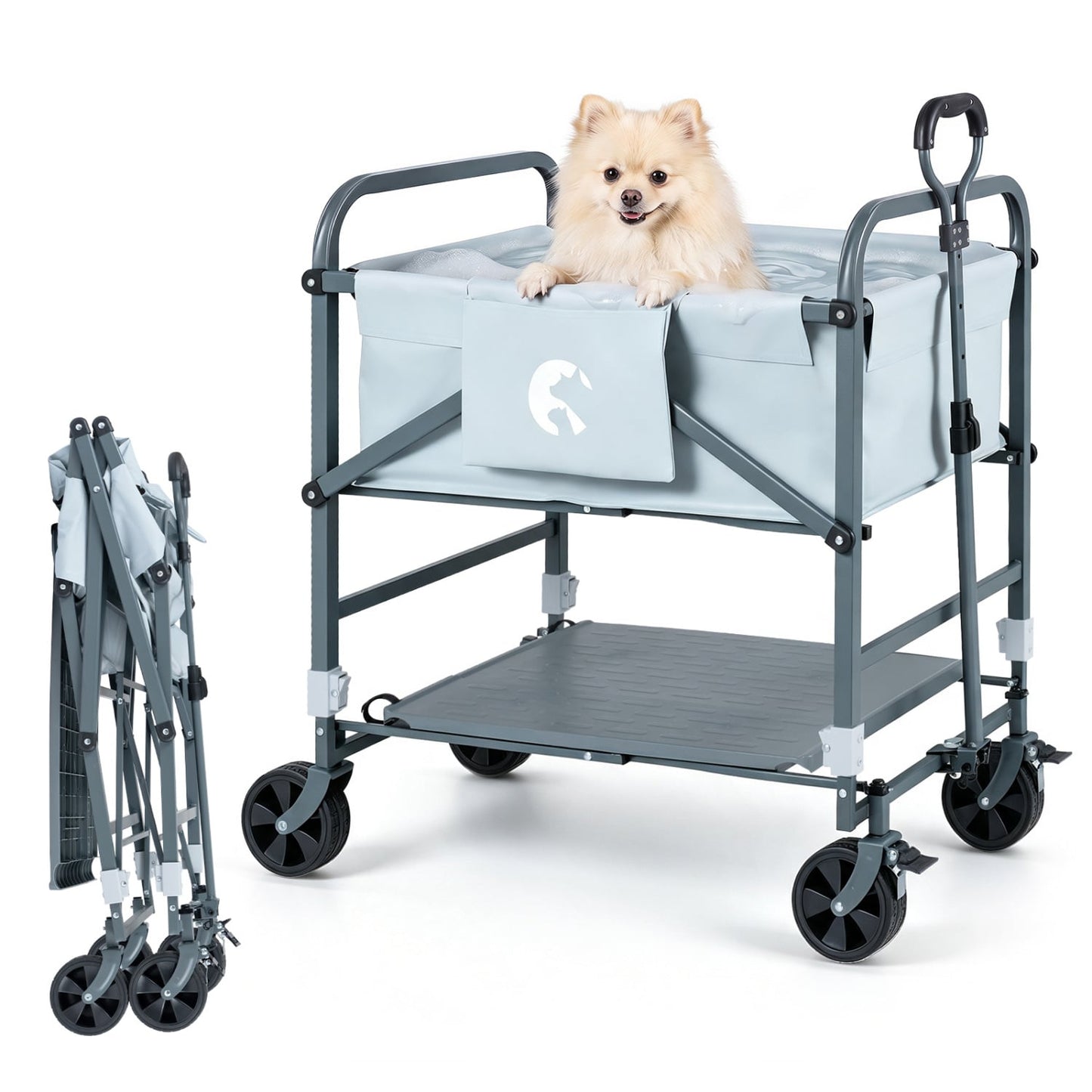Foldable Dog Bath Cart, Adjustable Height, 4 Wheels, Black & Gray