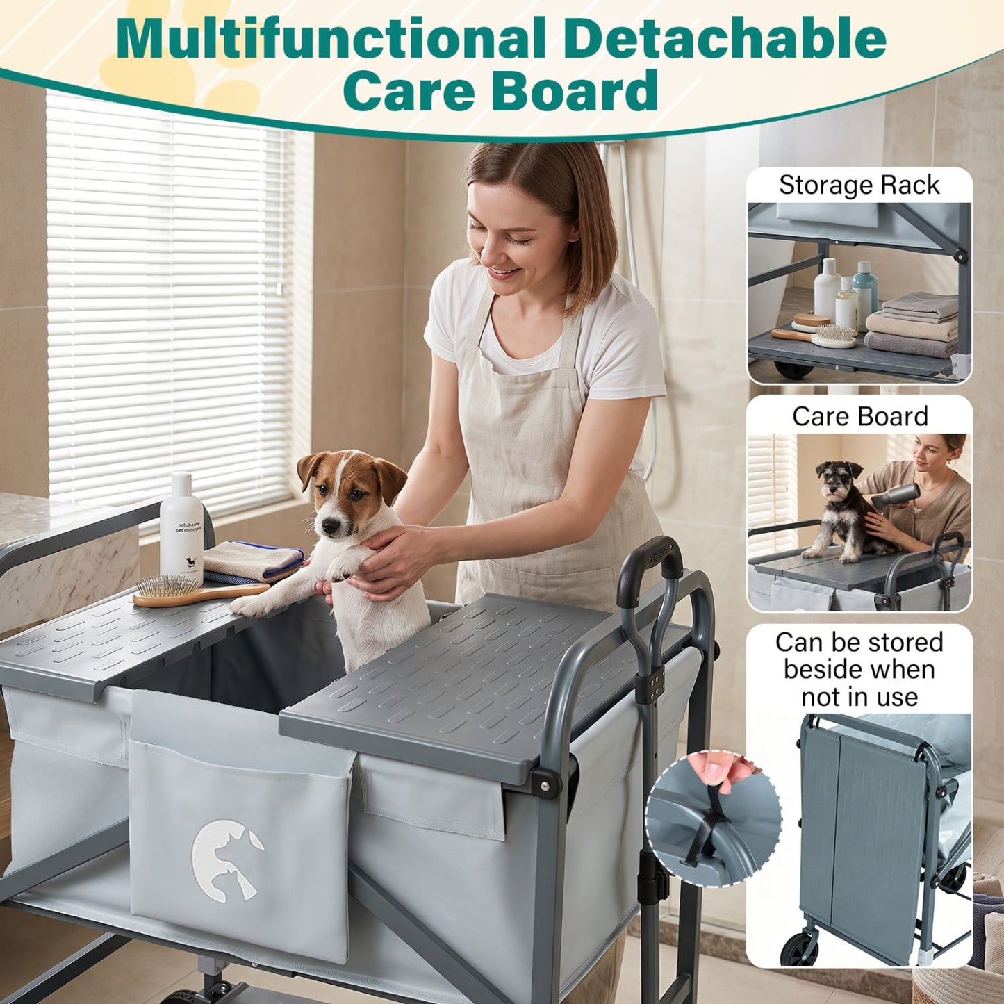 Foldable Dog Bath Cart, Adjustable Height, 4 Wheels, Black & Gray