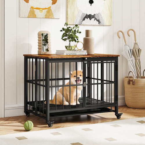 Foldable Dog Crate Furniture, Removable Tray, Lockable Door, S, Black