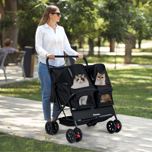 Foldable Double Pet Stroller with Adjustable Sunshade and Storage Basket, Black