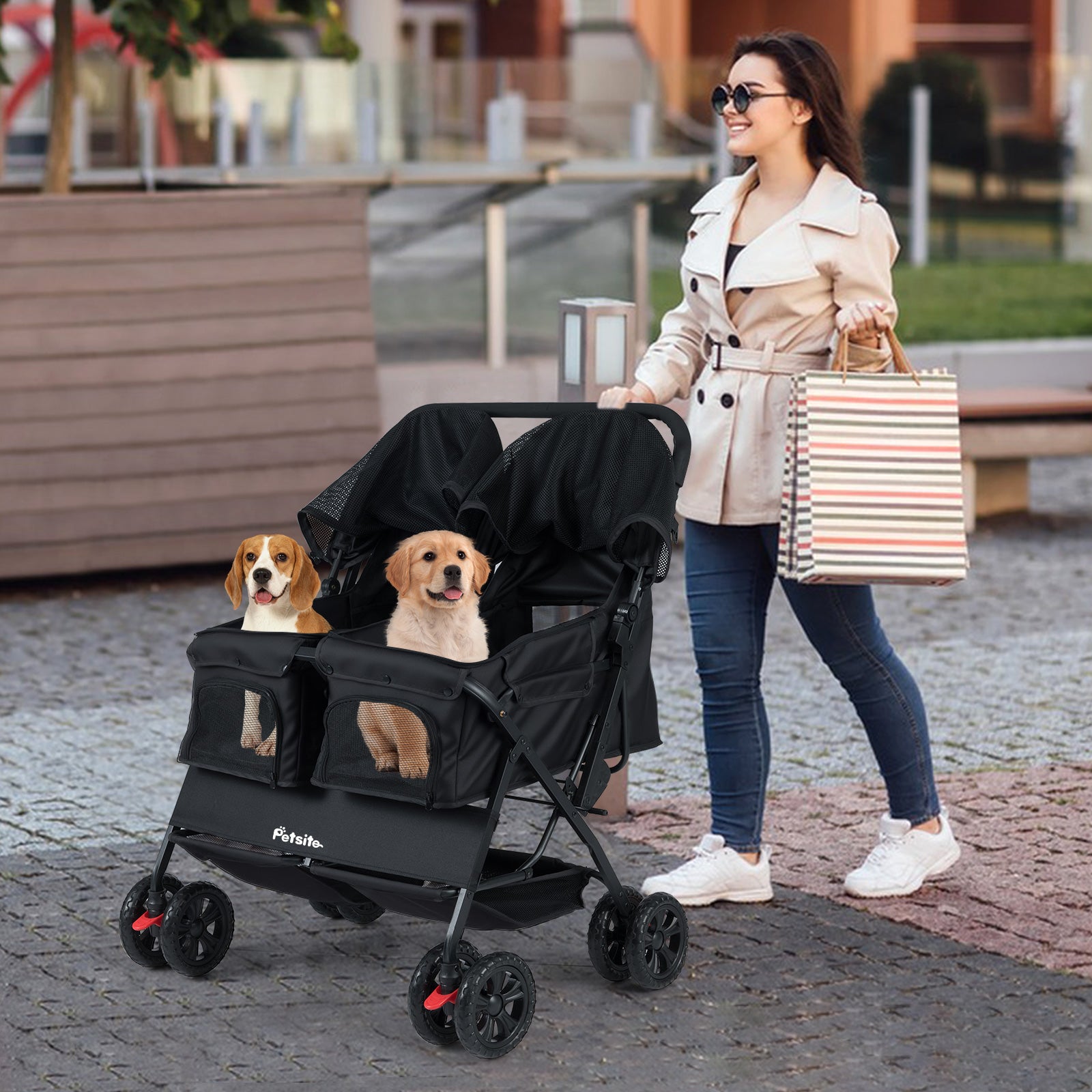 Foldable Double Pet Stroller with Adjustable Sunshade and Storage Basket, Black Cat Supplies at Gallery Canada