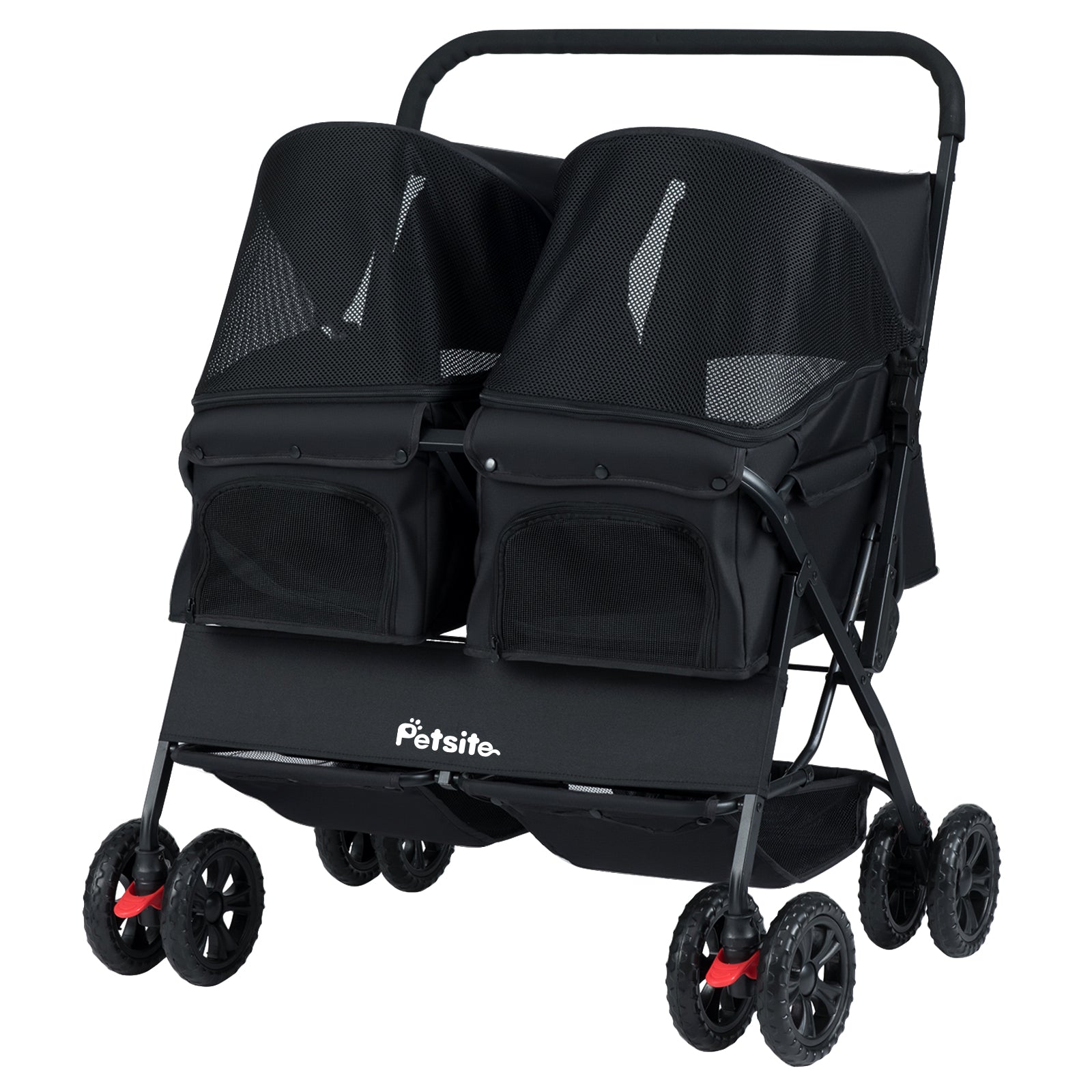 Foldable Double Pet Stroller with Adjustable Sunshade and Storage Basket, Black Cat Supplies Black at Gallery Canada