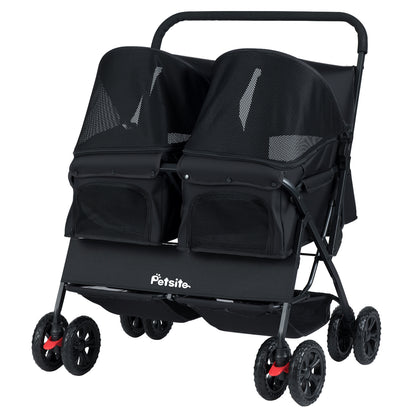 Foldable Double Pet Stroller, Adjustable Sunshade, Storage Basket, Black Cat Supplies Black at Gallery Canada