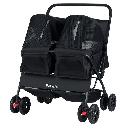 Foldable Double Pet Stroller, Adjustable Sunshade, Storage Basket, Black Cat Supplies Black at Gallery Canada
