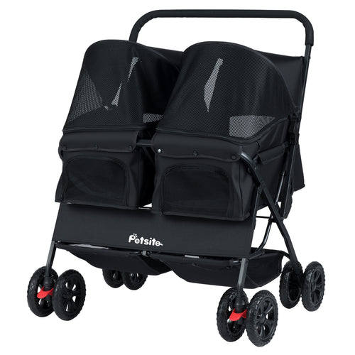 Foldable Double Pet Stroller, Adjustable Sunshade, Storage Basket, Black