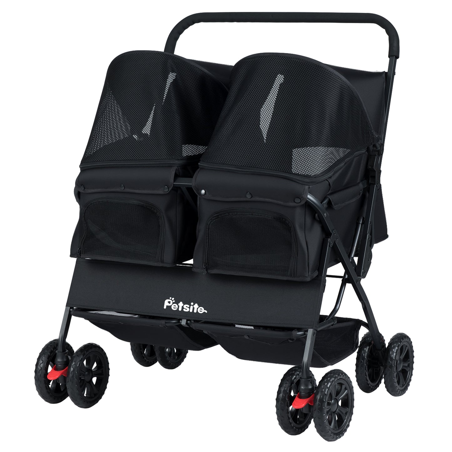 Foldable Double Pet Stroller, Adjustable Sunshade, Storage Basket, Black Cat Supplies Black at Gallery Canada