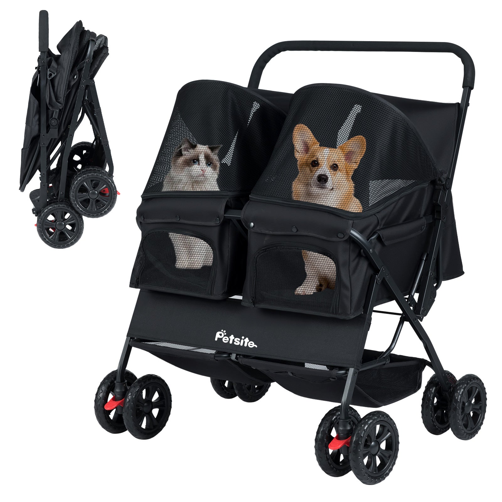 Foldable Double Pet Stroller with Adjustable Sunshade and Storage Basket, Black Cat Supplies at Gallery Canada