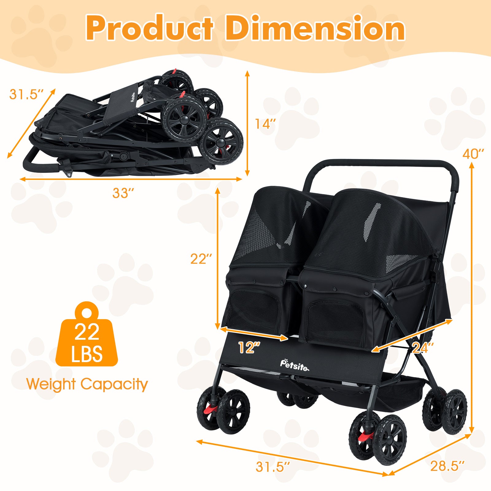 Foldable Double Pet Stroller with Adjustable Sunshade and Storage Basket, Black Cat Supplies at Gallery Canada