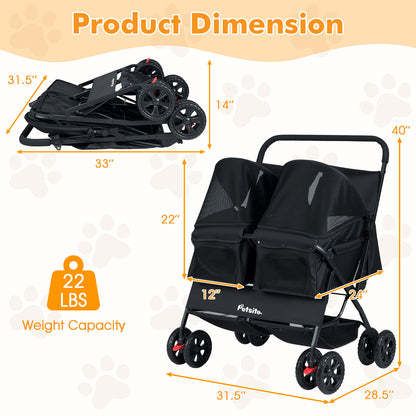 Foldable Double Pet Stroller with Adjustable Sunshade and Storage Basket, Black Cat Supplies at Gallery Canada