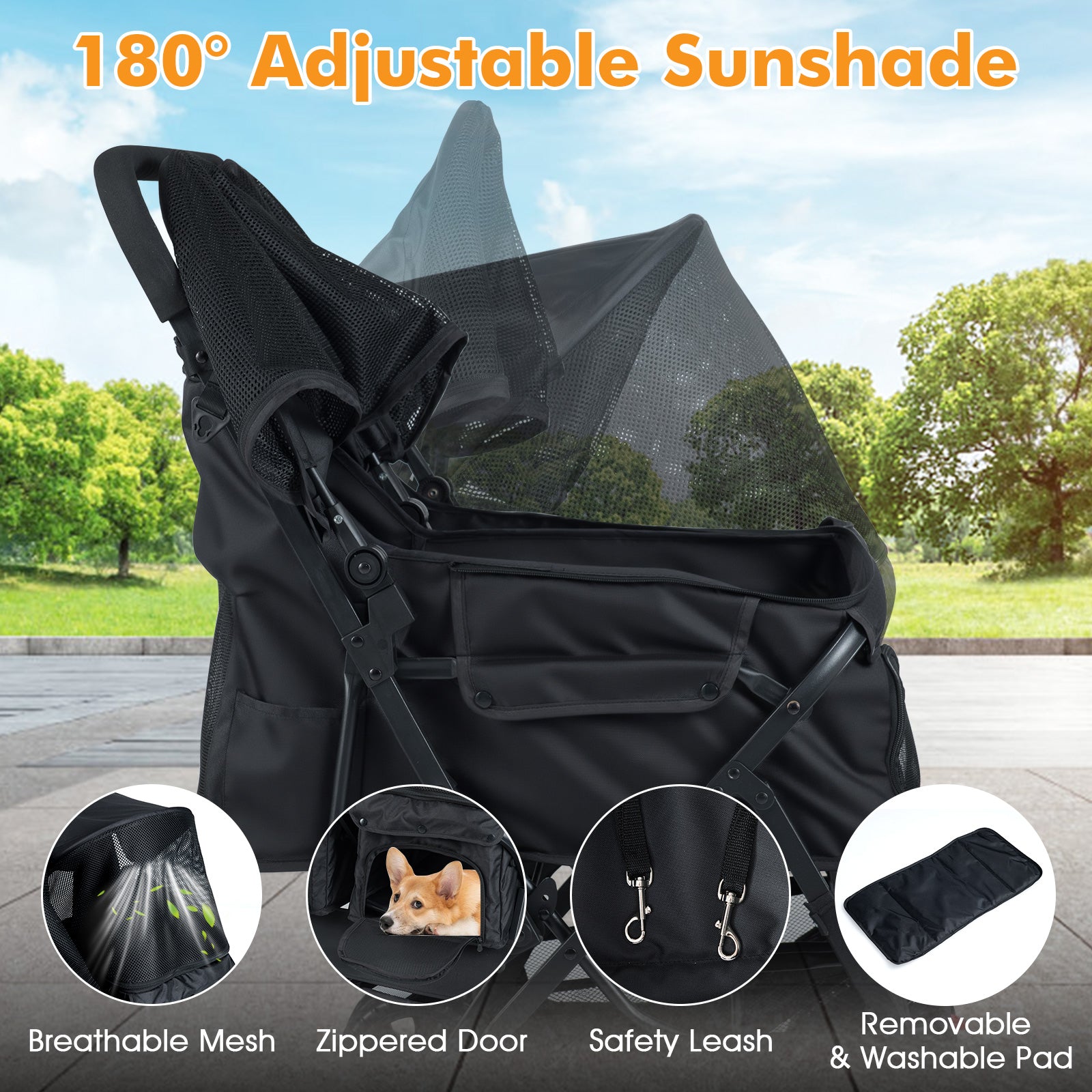 Foldable Double Pet Stroller with Adjustable Sunshade and Storage Basket, Black Cat Supplies at Gallery Canada