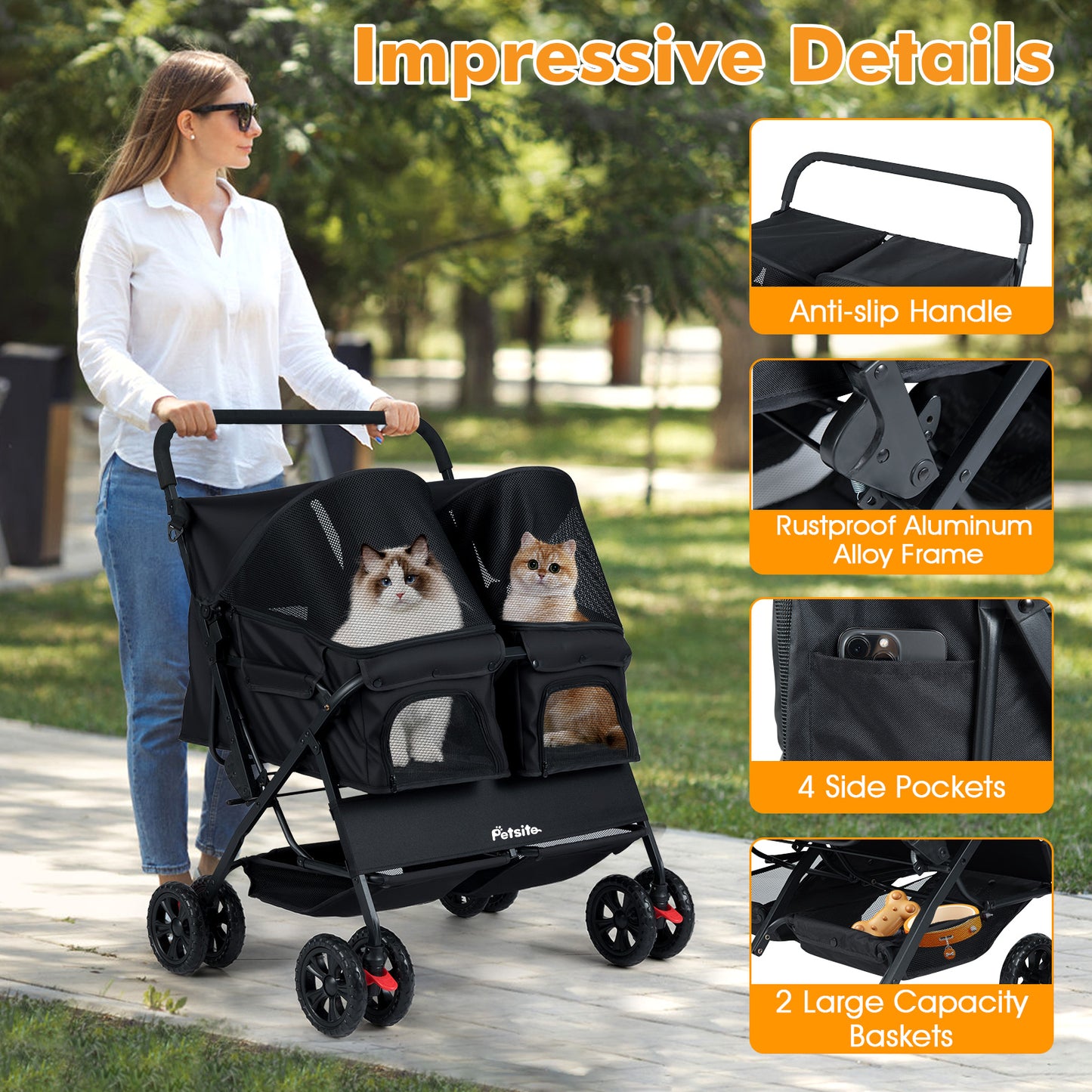 Foldable Double Pet Stroller with Adjustable Sunshade and Storage Basket, Black Cat Supplies at Gallery Canada