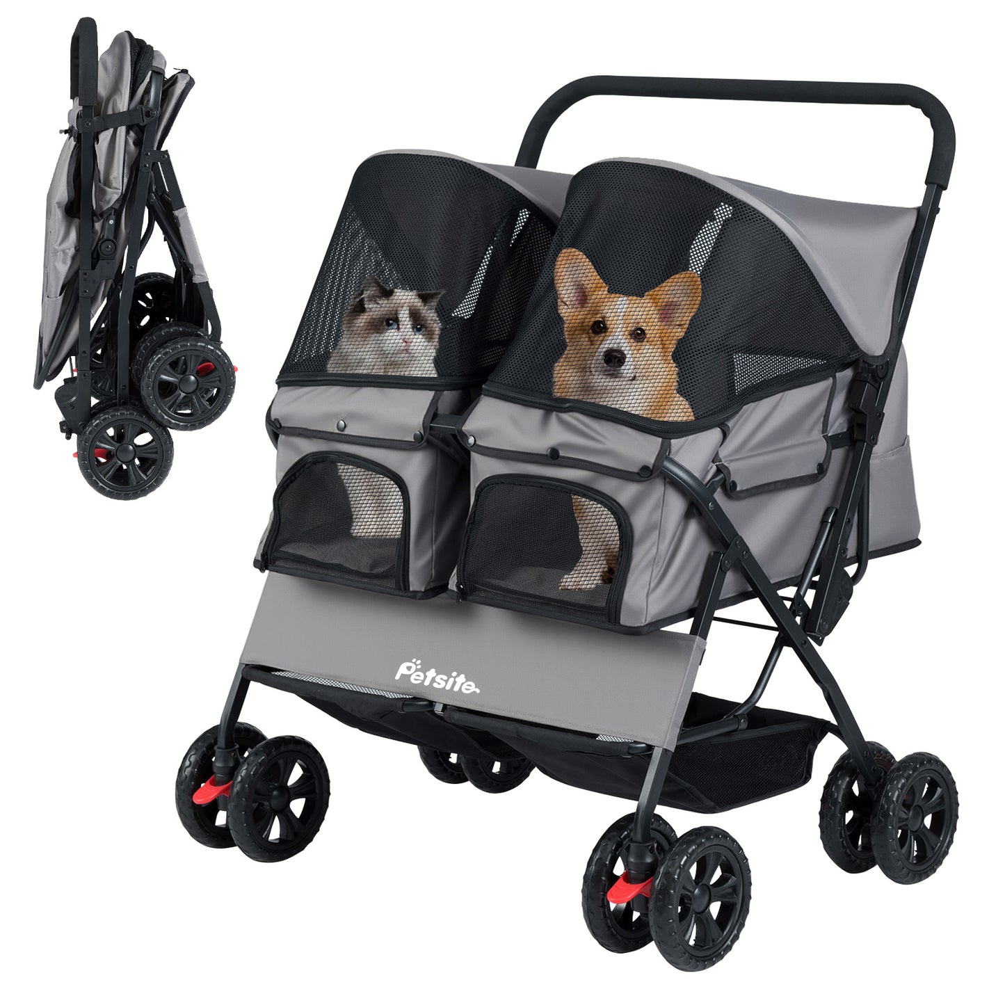 Foldable Double Pet Stroller with Adjustable Sunshade and Storage Basket, Gray Cat Supplies at Gallery Canada