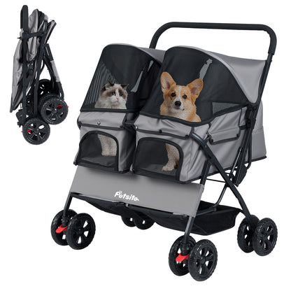 Foldable Double Pet Stroller with Adjustable Sunshade and Storage Basket, Gray Cat Supplies at Gallery Canada