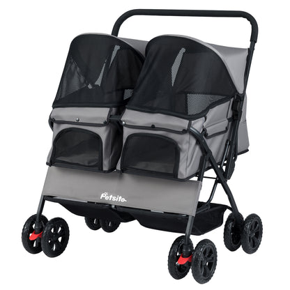Foldable Double Pet Stroller with Adjustable Sunshade and Storage Basket, Gray Cat Supplies at Gallery Canada