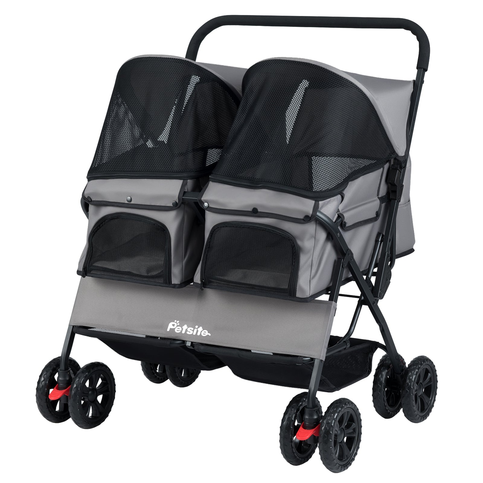Foldable Double Pet Stroller, Adjustable Sunshade, Storage Basket, Gray Cat Supplies Gray at Gallery Canada