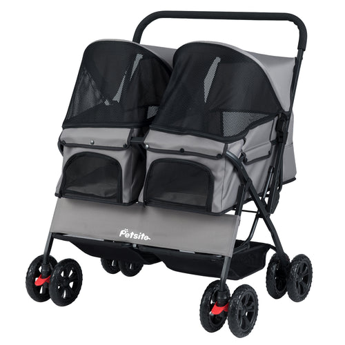 Foldable Double Pet Stroller, Adjustable Sunshade, Storage Basket, Gray
